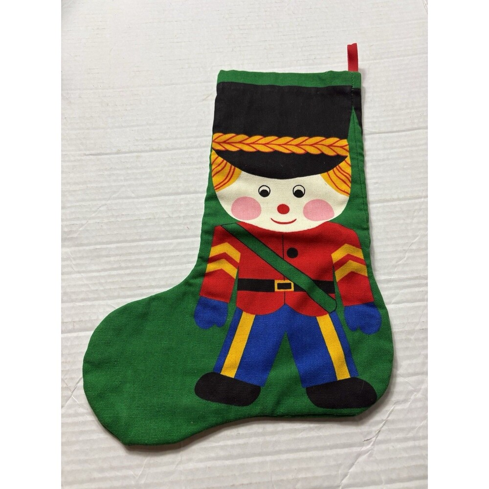 Toy Soldier Christmas Stocking Green Double Sided Printed Fabric 14” Retro